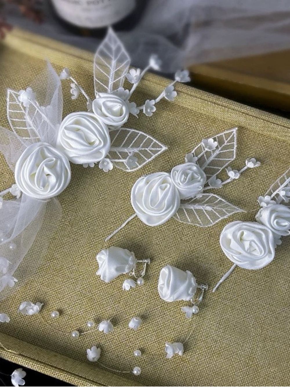 Elegant Satin Ribbon Rose & Lily of the Valley Wedding Hair Clip Set
